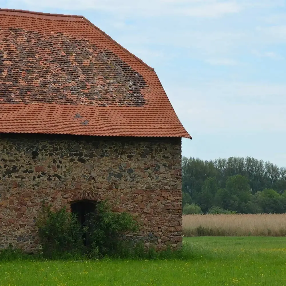 Giebel der Teichscheune mit wiederhergestelltem Bruchsteinmauerwerk