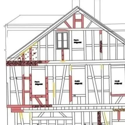 Schadenskartierung einer Fachwerkfassade mit farbig markierten Befunden