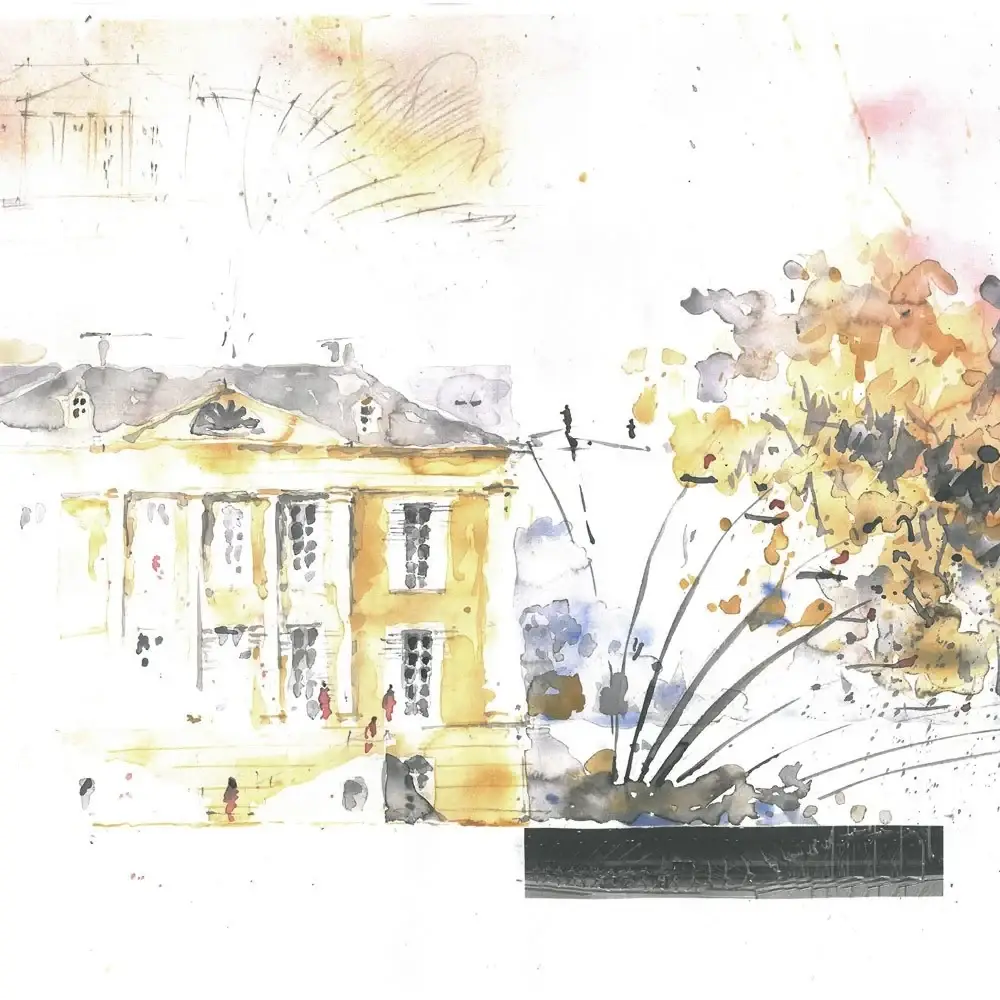 Aquarellierte Entwurfsskizze „Stabhochsprung“ vor Schloss Freudenberg