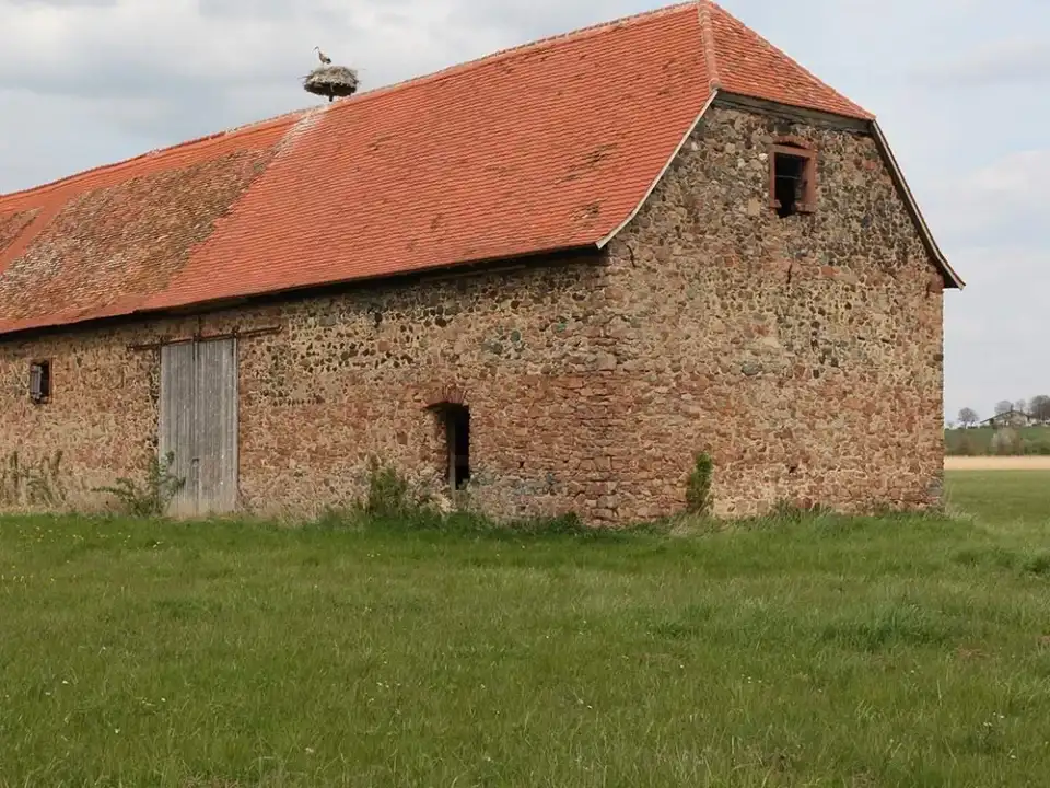 Teichscheune aus Bruchstein mit Ziegeldach auf einer Wiese bei Reinheim